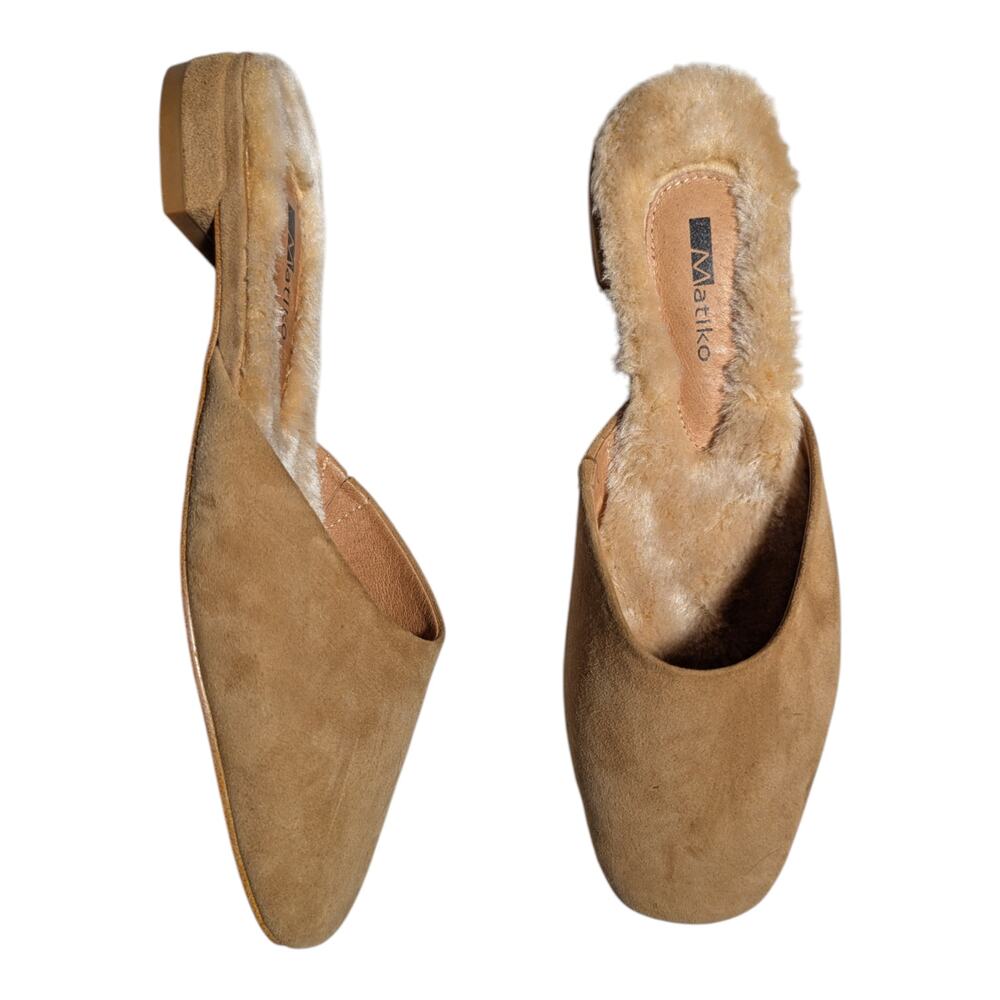Anthropologie Matiko Camel Tan Suede Shearling Lined Square Toe Mules 36 5.5